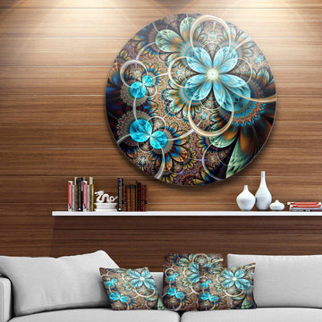 Colorful Fractal Flowers with Blue Shade - Floral Circle Metal Wall Decor